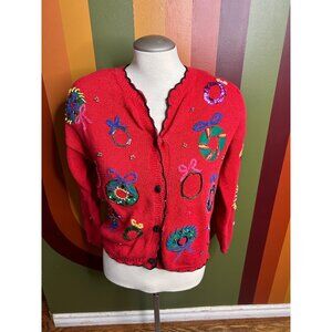 Festive Red Cardigan with Colorful Embellishments